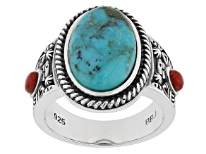 Blue Turquoise and Red Coral Sterling Silver Ring