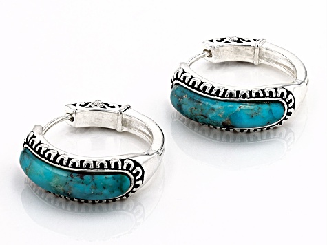 Blue Turquoise Rhodium Over Sterling Silver Hoop Earrings