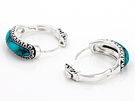 Blue Turquoise Rhodium Over Sterling Silver Hoop Earrings