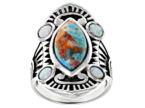 Blended Turquoise with Spiny Oyster Shell and Lab Created Opal Rhodium Over Silver Ring