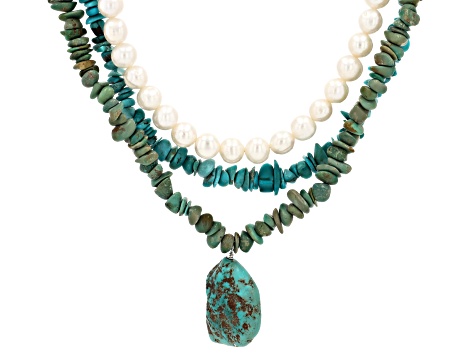 Mixed Shape Green Turquoise With Cultured Freshwater Pearl Sterling Silver Necklace