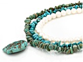 Mixed Shape Green Turquoise With Cultured Freshwater Pearl Sterling Silver Necklace