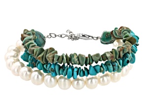 Green Turquoise With Cultured Freshwater Pearl Sterling Silver Bracelet