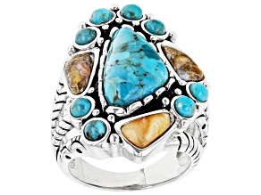 Blue Blended Turquoise and Orange Spiny Oyster Shell Rhodium Over Sterling Silver Ring