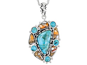 Blended Turquoise and Orange Spiny Oyster Shell Rhodium Over Sterling Silver Pendant With Chain
