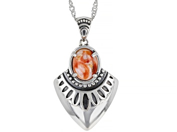 Picture of Orange Spiny Oyster Shell Rhodium Over Sterling Silver Pendant With Chain