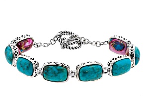 Multi Color Spiny Oyster With Turquoise Rhodium Over Sterling Silver Reversible Bracelet