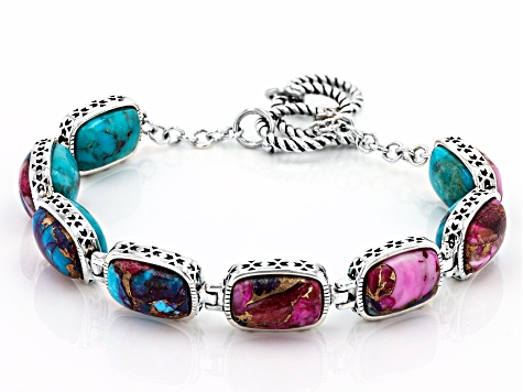 Multi Color Spiny Oyster With Turquoise Rhodium Over Sterling Silver Reversible Bracelet