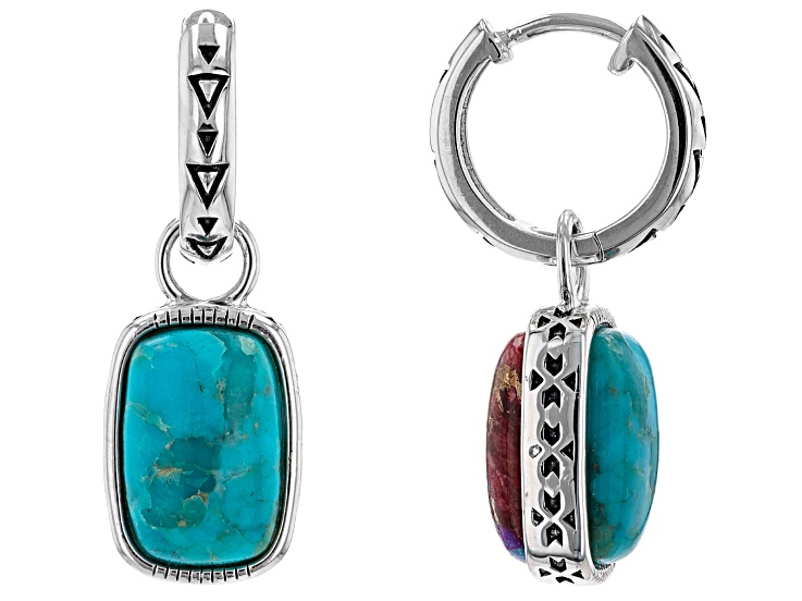Multi Color Spiny Oyster With Blue Turquoise Reversible Rhodium Over Sterling Silver Earrings