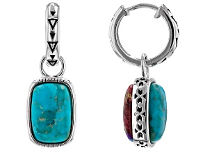Multi Color Spiny Oyster With Blue Turquoise Reversible Rhodium Over Sterling Silver Earrings