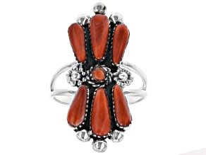 Red Spiny Oyster Shell Sunburst Sterling Silver Ring