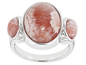 Pink Rhodochrosite Three Stone Rhodium Over Sterling Silver Ring