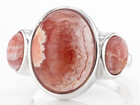 Pink Rhodochrosite Three Stone Rhodium Over Sterling Silver Ring