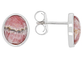 Pink Oval Rhodochrosite Rhodium Over Sterling Silver Stud Earrings
