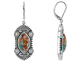 Blue Blended Turquoise With Spiny Oyster Shell and Lab Opal Rhodium Over Sterling Silver Earrings