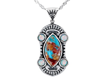 Picture of Blue Blended Turquoise With Spiny Oyster Shell and Lab Opal Rhodium Over Silver Pendant