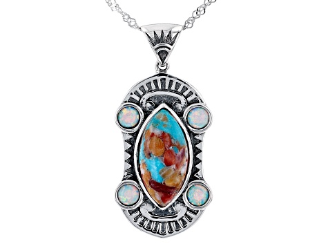 Blue Blended Turquoise With Spiny Oyster Shell and Lab Opal Rhodium Over Silver Pendant