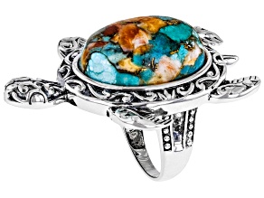 Blended Orange Spiny Oyster Shell and Blue Turquoise Sterling Silver Turtle Ring 22x16mm