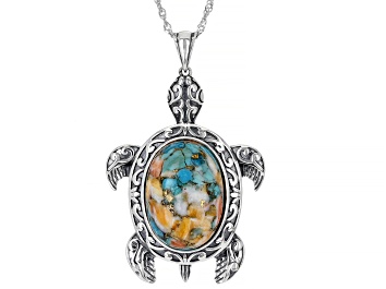 Picture of Blended Orange Spiny Oyster Shell and Turquoise Sterling Silver Turtle Pendant