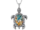 Blended Orange Spiny Oyster Shell & Turquoise Sterling Silver Turtle Pendant With 18" Chain 22x16mm