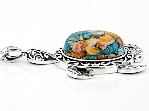 Blended Orange Spiny Oyster Shell and Turquoise Sterling Silver Turtle Pendant