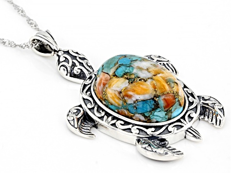 Blended Orange Spiny Oyster Shell & Turquoise Sterling Silver Turtle Pendant With 18" Chain 22x16mm