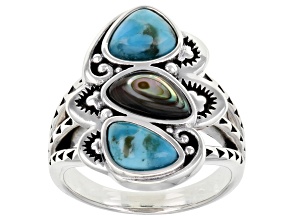 Blue Turquoise and Abalone Shell Rhodium Over Sterling Silver Ring