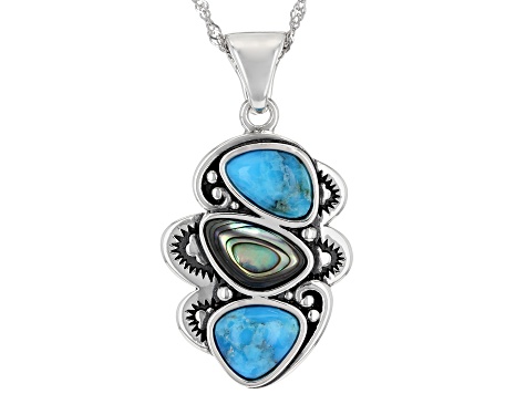 Blue Turquoise and Abalone Shell Rhodium Over Sterling Silver Enhancer With Chain