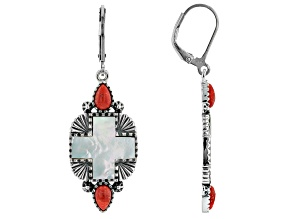 White Mother-of-Pearl Cross with Red Coral Rhodium Over Sterling Silver Earrings