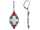 White Mother-of-Pearl Cross with Red Coral Rhodium Over Sterling Silver Earrings