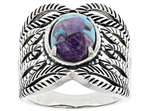 Blue Blended Turquoise and Charoite Rhodium Over Sterling Silver Ring