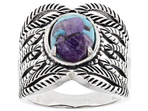 Blue Blended Turquoise and Charoite Rhodium Over Sterling Silver Ring