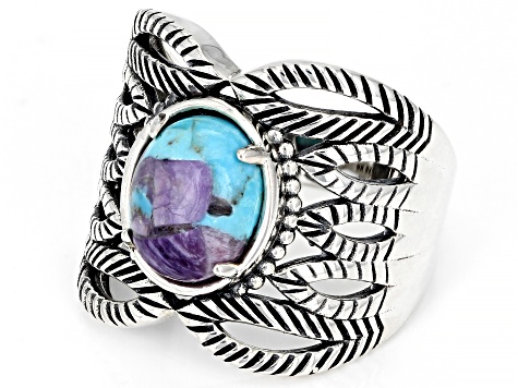 Blue Blended Turquoise and Charoite Rhodium Over Sterling Silver Ring