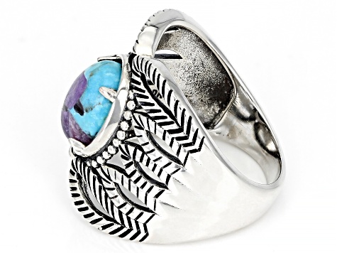 Blue Blended Turquoise and Charoite Rhodium Over Sterling Silver Ring