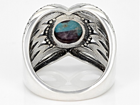 Blue Blended Turquoise and Charoite Rhodium Over Sterling Silver Ring