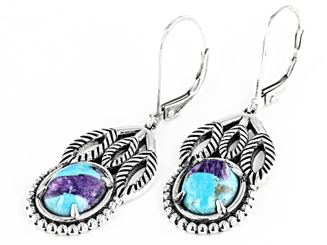 Blended Turquoise and Purple Charoite Rhodium Over Sterling Silver Earrings
