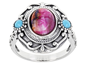 Blended Multi-Color Spiny Oyster Shell With Sleeping Beauty Turquoise Rhodium Over Silver Ring