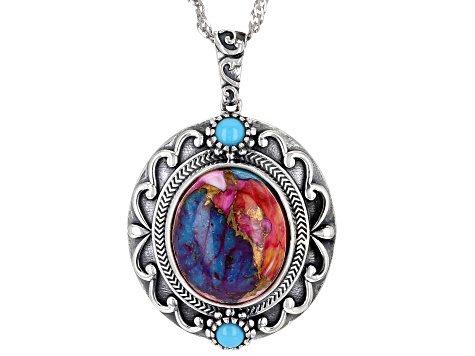 Blended Multi- Color Spiny Oyster Shell With Sleeping Beauty Turquoise Rhodium Over Silver Pendant