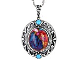 Blended Multi- Color Spiny Oyster Shell With Sleeping Beauty Turquoise Rhodium Over Silver Pendant
