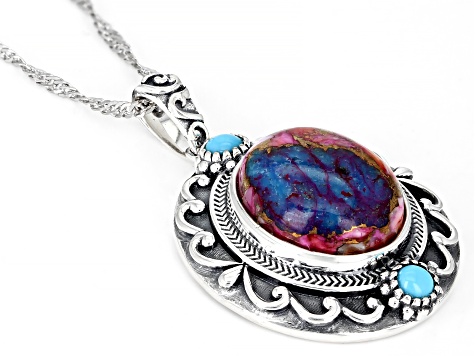 Blended Multi- Color Spiny Oyster Shell With Sleeping Beauty Turquoise Rhodium Over Silver Pendant