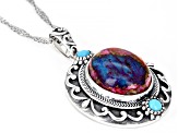 Blended Multi- Color Spiny Oyster Shell With Sleeping Beauty Turquoise Rhodium Over Silver Pendant
