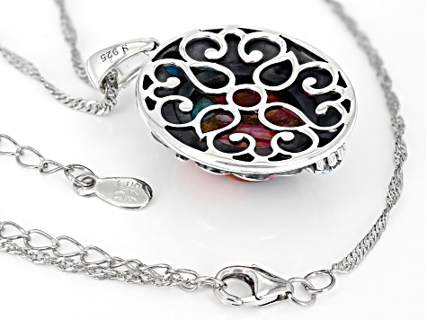 Blended Multi- Color Spiny Oyster Shell With Sleeping Beauty Turquoise Rhodium Over Silver Pendant