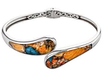 Picture of Blended Spiny Oyster Shell With Turquoise Rhodium Over Sterling Silver Hinged Cuff Bracelet