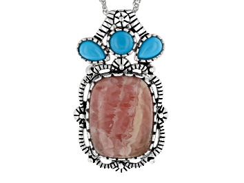 Picture of Rhodochrosite and Blue Sleeping Beauty Turquoise Silver Pendant With Chain