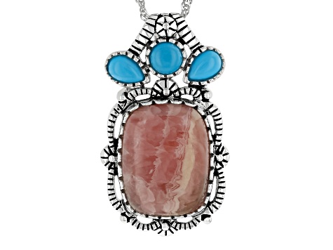 Rhodochrosite and Blue Sleeping Beauty Turquoise Silver Pendant With Chain