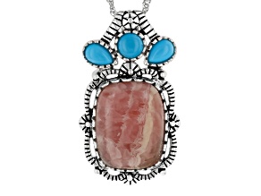 Rhodochrosite and Blue Sleeping Beauty Turquoise Silver Pendant With Chain