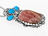 Rhodochrosite and Blue Sleeping Beauty Turquoise Silver Pendant With Chain