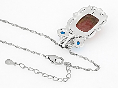 Rhodochrosite and Blue Sleeping Beauty Turquoise Silver Pendant With Chain