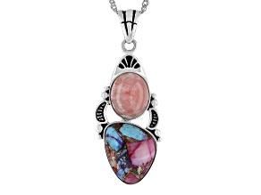 Rhodochrosite with Blended Turquoise annd Purple Spiny Oyster Shell Silver Pendant With Chain