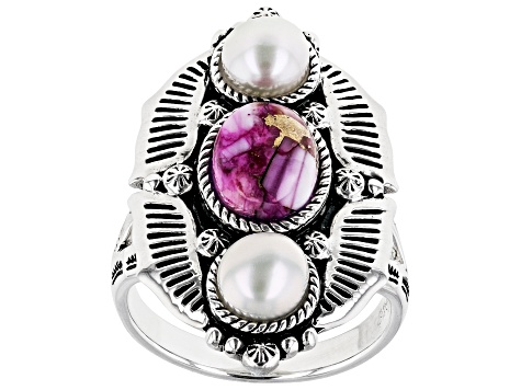 Purple Spiny Oyster Shell And Cultured Freshwater Pearl Sterling Silver Ring